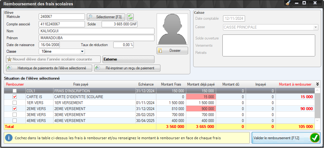 Remboursement des frais scolaires