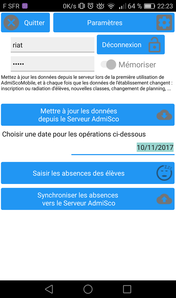 AdmiSco Mobile - Menu principal