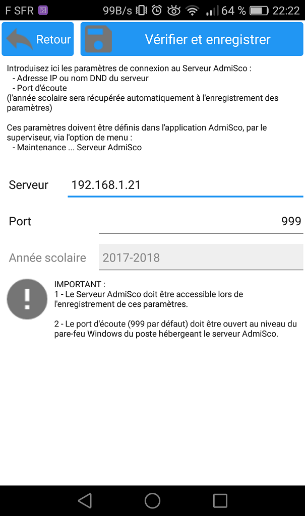 AdmiSco Mobile - paramètres de connexion